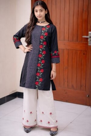 Girls Floral Embrioderd Cotton 2PC Kurti Set